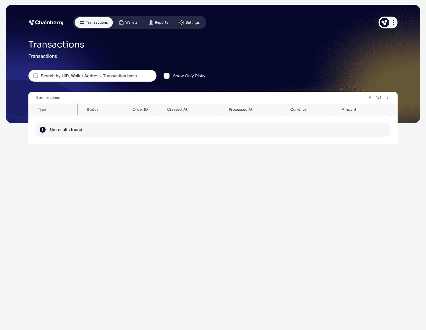 Transactions list in its empty state, showing no results found