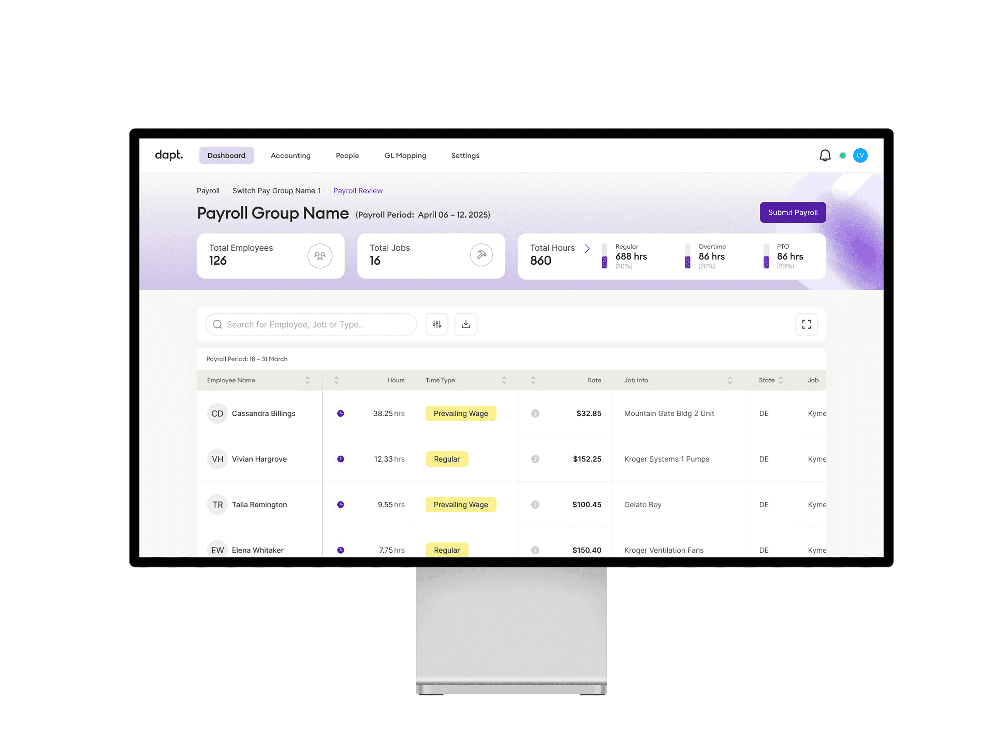 Dapt payroll dashboard shown on a desktop display