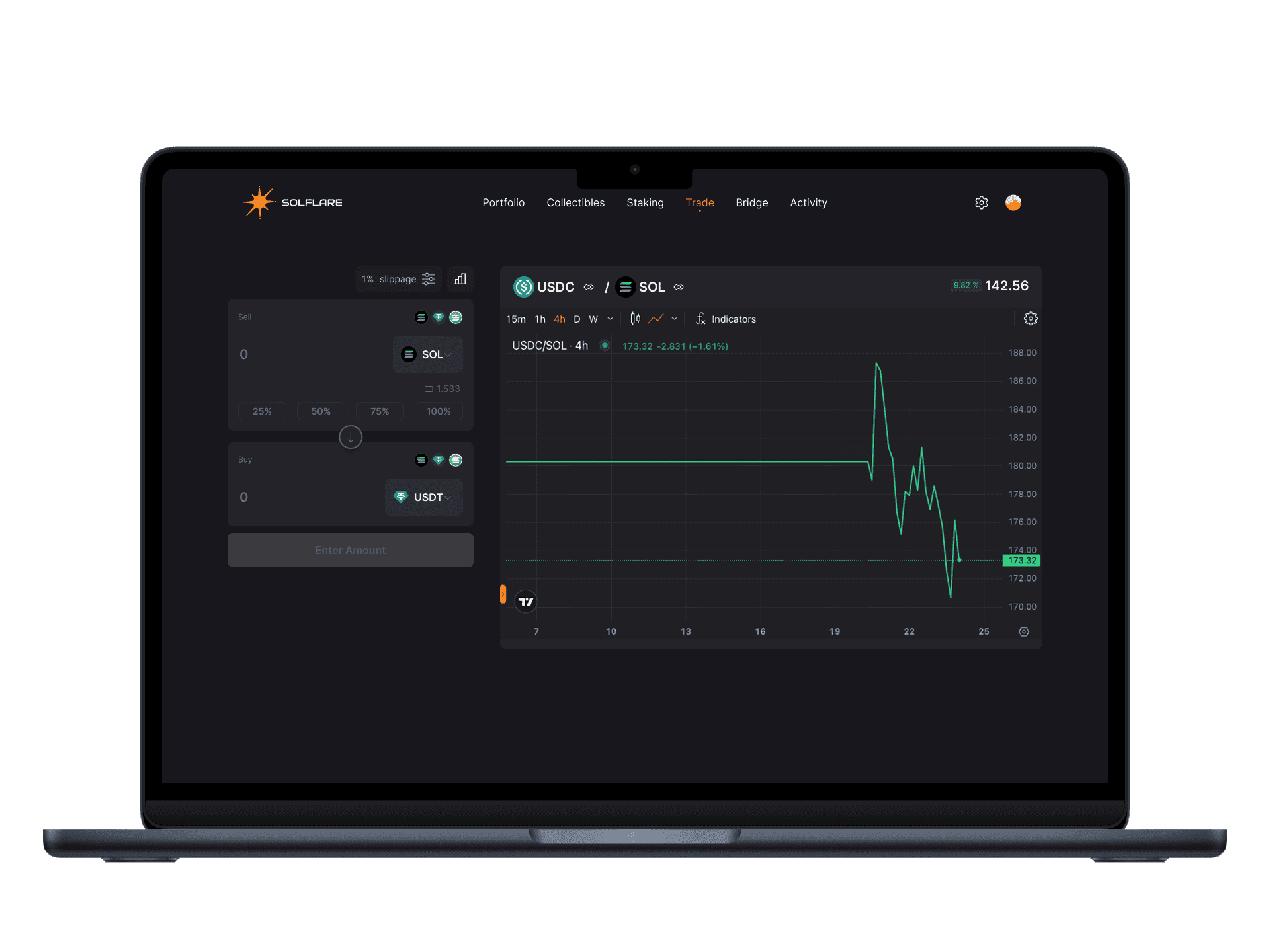 Solflare wallet swap screen shown on a laptop